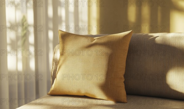 A pillow with a pattern on it is sitting on a couch. The couch is in a room with a window, and the