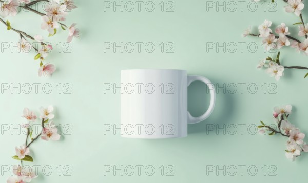A white coffee cup sits on a green background with pink flowers. The cup is empty and the flowers