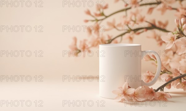 A white coffee cup is sitting on a table next to a branch of pink flowers. Concept of calm and