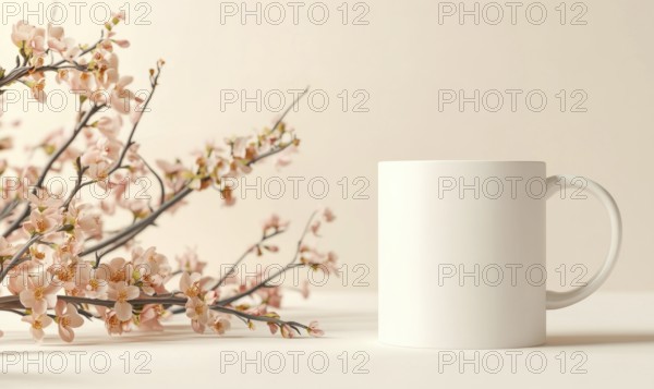 A white coffee cup sits on a table next to a bunch of pink flowers. The cup is empty and the