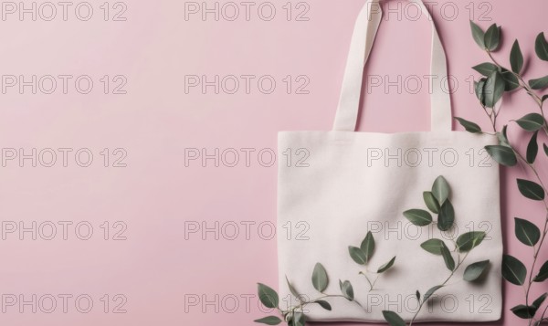 A white bag with green leaves on it is on a pink background. The bag is the main focus of the