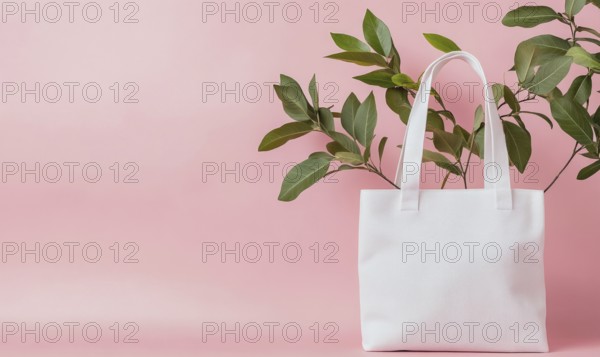 A white bag with a leaf on it is on a pink background. The bag is placed in front of a plant, which
