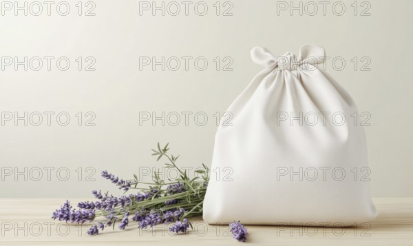 A white bag with a purple flower on it sits on a table. The bag is tied with a string and is placed