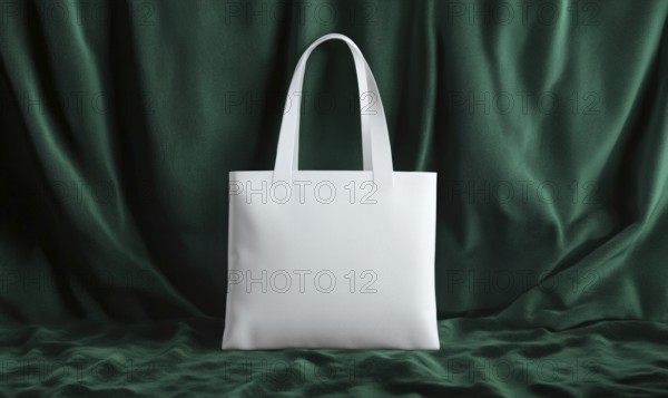 A white purse with a green background. The purse is sitting on a green cloth. The purse is white