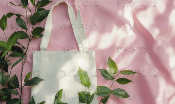 A white tote bag is placed on a pink background with green leaves. The bag is empty and the leaves
