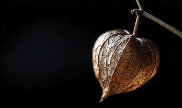 A leafy flower with a brown center is hanging from a branch. The flower is surrounded by a dark