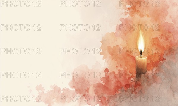 A candle is lit in a painting with a background of red and white. The candle is the main focus of