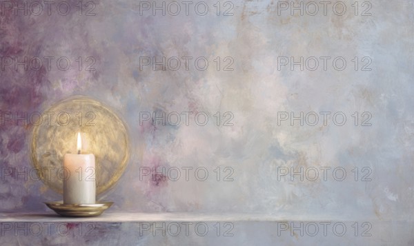 A candle is lit on a small gold plate. The candle is surrounded by a purple background. AI
