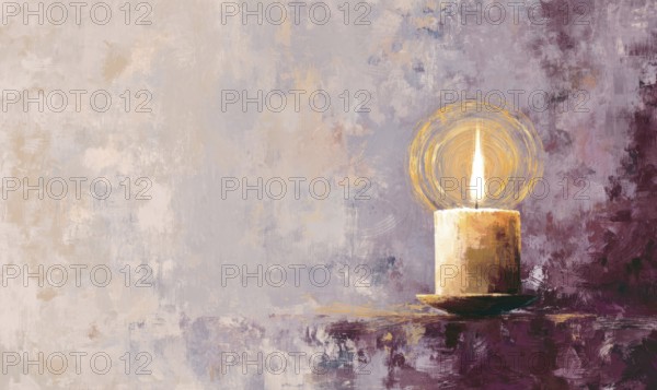 A candle is lit in a painting of a room with a purple background. The painting has a mood of warmth