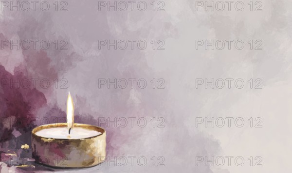 A small candle is lit in a gold-colored holder, creating a warm and inviting atmosphere. The