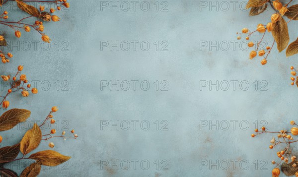 A blue background with orange flowers and leaves. The flowers are scattered around the background