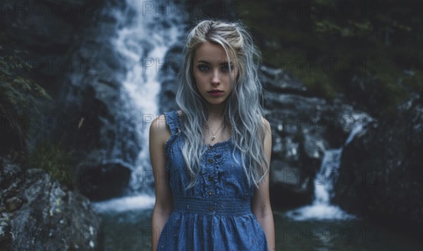 A woman in a blue dress stands in front of a waterfall. The image has a serene and peaceful mood,