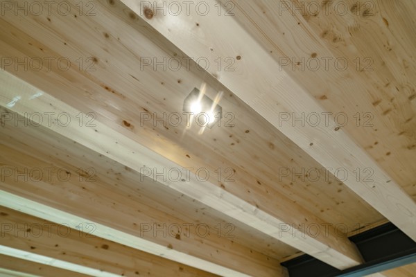 Detail of wooden beam ceiling with glowing spot and natural grain, house renovation, energy
