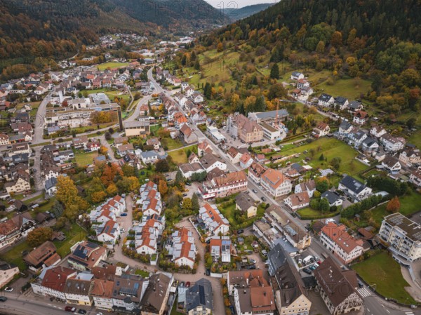 Panorama of a village view surrounded by hills in autumn colors and natural surroundings, Calmbach,