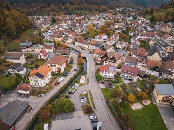 Bird's-eye view of the city center with various buildings, roads and autumn trees, Calmbach, Bad