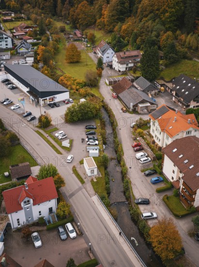 Aerial view of a small village in autumn with colorful trees, roads, buildings and a small river,