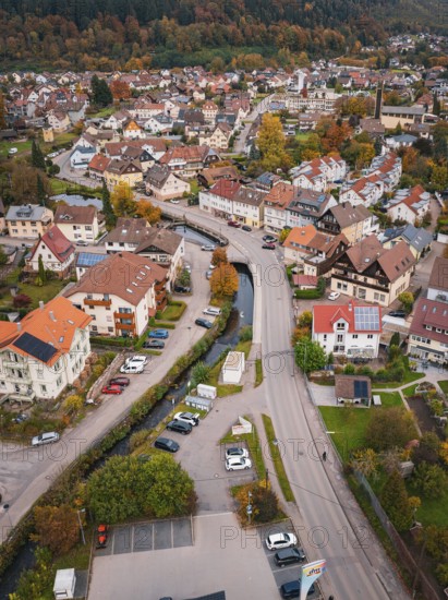 A bird's eye view of a village, showing narrow roads, lots of houses, autumn trees and cars,