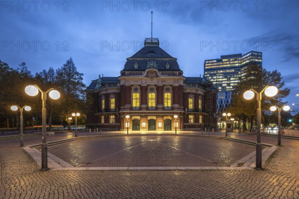 Laeiszhalle, formerly Musikhalle Hamburg, at Johannes Brahms Platz at Blue Hour with light clouds