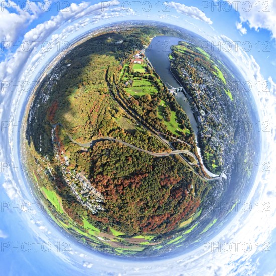 Aerial view, Lake Baldeney with dam RWE hydroelectric power plant Baldeney, golf course ETUF e.V.