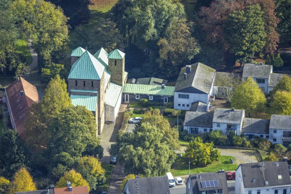Aerial view, St. Lucius Catholic Church, Werden, Essen, Ruhr region, North Rhine-Westphalia,