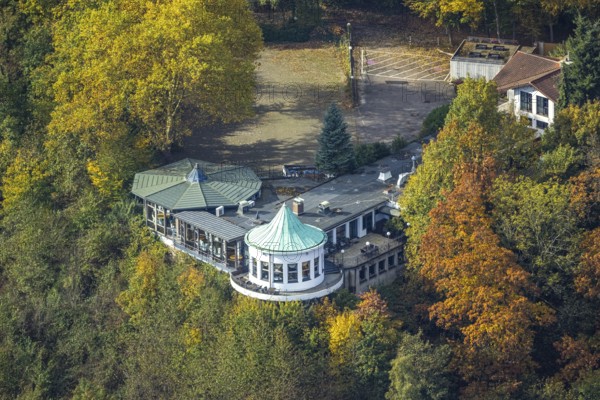 Aerial view, Villa Vue restaurant and round bay window in autumn forest, Bredeney, Essen, Ruhr