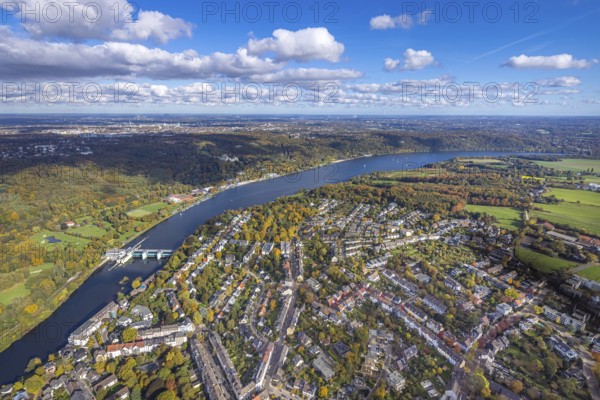 Aerial view, residential area town view Werden am Lake Baldeney with dam RWE hydroelectric power