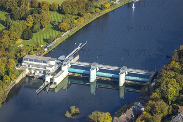 Aerial view, Lake Baldeney with dam RWE hydroelectric power plant Baldeney, Werden, Essen, Ruhr