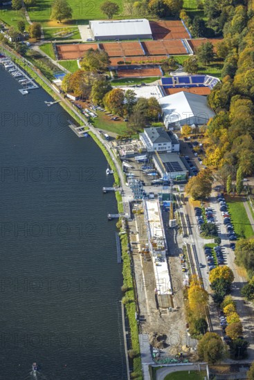 Aerial view, construction site with new regatta track for new regatta stand, ETUF tennis courts,