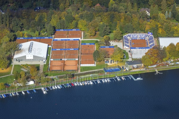 Aerial view, ETUF e.V. tennis courts and arena with stand, sailboats and boat dock on Lake