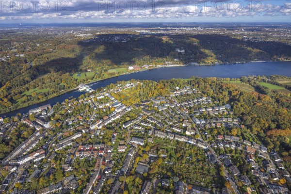 Aerial view, town view of Werden district, Lake Baldeney with dam RWE hydroelectric power plant