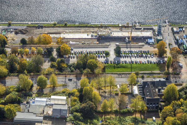 Aerial view, construction site with new regatta track for new regatta stand, fishing lake, Essen,