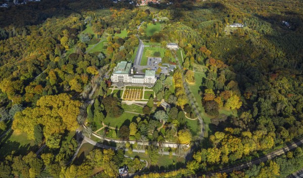 Aerial view, Villa Hügel and Hügelpark with autumnal Krupp forest, former home of the Krupp