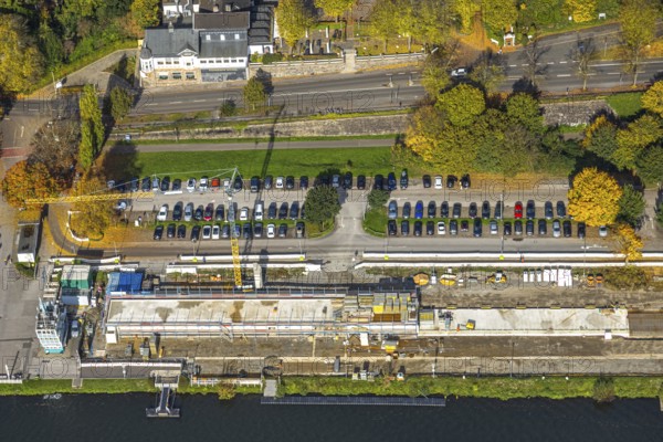 Aerial view, construction site with new regatta track for new regatta stand, hotel parking garage