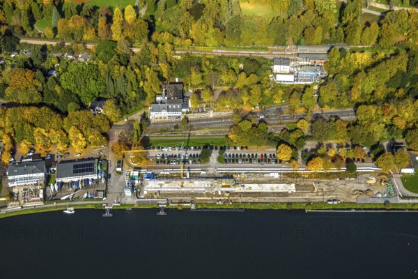 Aerial view, construction site with new regatta track for new regatta stand, Hügel S-Bahn stop,