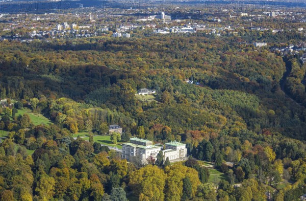 Aerial view, Villa Hügel and Hügelpark with autumnal Krupp forest, former home of the Krupp