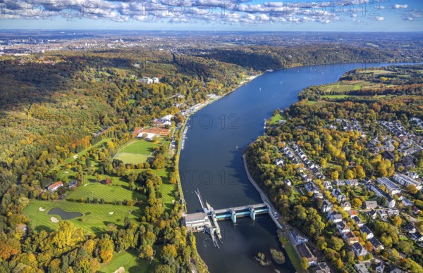 Aerial view, Lake Baldeney with RWE Hydroelectric Power Station Baldeney dam, Golfriege ETUF e.V.