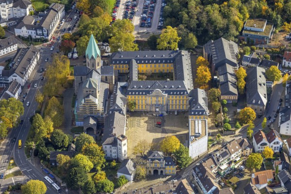 Aerial view, Catholic Basilica of St. Ludgerus and Folkwang University of Arts, construction site