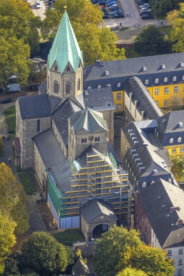 Aerial view, Catholic Basilica of St. Ludgerus and Folkwang University of Arts, construction site