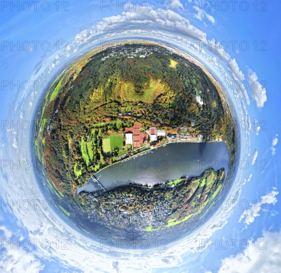 Aerial view, Lake Baldeney with dam RWE hydroelectric power plant Baldeney, golf course ETUF e.V.