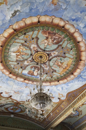 Ceiling painting with the blue Vishnu and his woman Lakshmi in Mysuru Palace or Amba Vilas Palace,