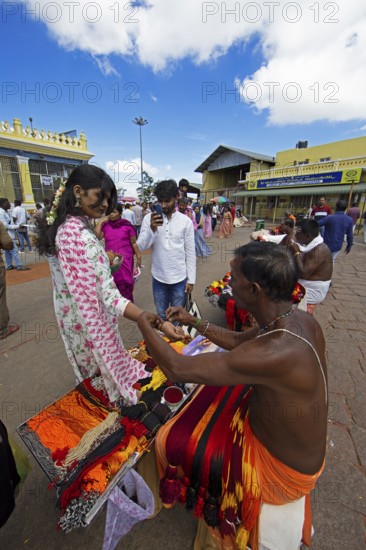 Puja at Chamundeswar Hindu Temple on Chamundi Hill, Indian pilgrims at the temple, Mysore or