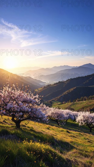 Landscape with a blooming apricot tree, idilyc spring nature, green grass and mountains in