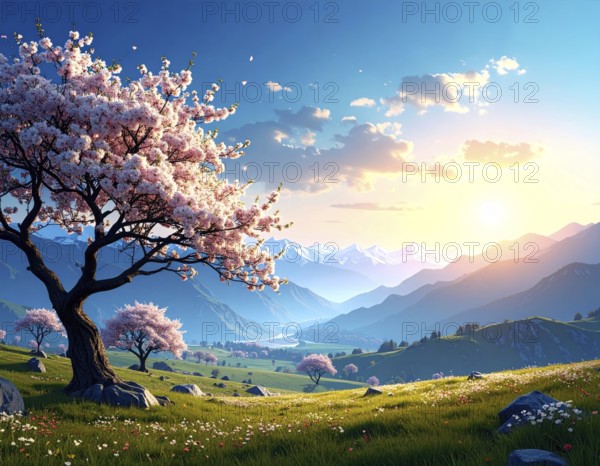 Landscape with a blooming apricot tree, idilyc spring nature, green grass and mountains in
