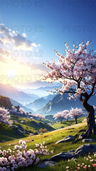 Landscape with a blooming apricot tree, idilyc spring nature, green grass and mountains in