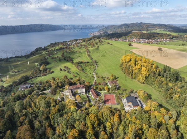 Aerial view of Lake Constance, Überlinger See, surrounded by autumnal vegetation with Spetzgart