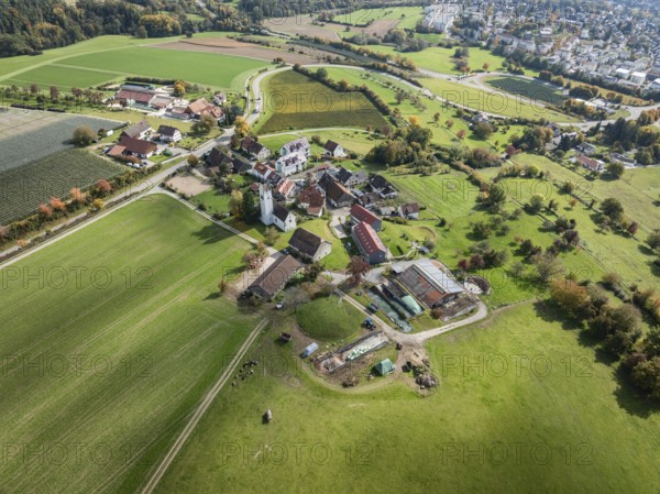 Aerial view of the hamlet of Aufkirch northwest of Überlingen with the church of St. Michael, Lake
