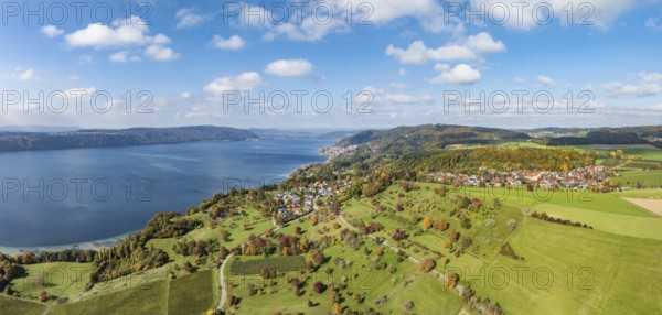 Aerial view, panorama of Lake Constance, Überlinger See, surrounded by autumn vegetation with the