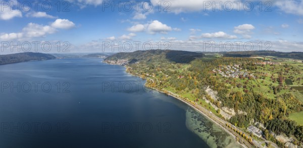 Aerial view, panorama of Lake Constance, Überlinger See, surrounded by autumn vegetation with the