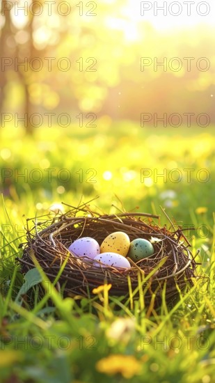 Nest with easter eggs in a basket on grass, sunny spring day, fresh beautiful landscape at