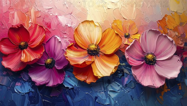 Closeup of abstract rough colorful multicolored organic floral spring flowers art painting texture,
